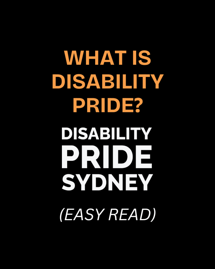 Black Background with Orange What Is DIsability Pride Writing and "Disability Pride Sydney" with "Easy Read" in italics with White Text. 