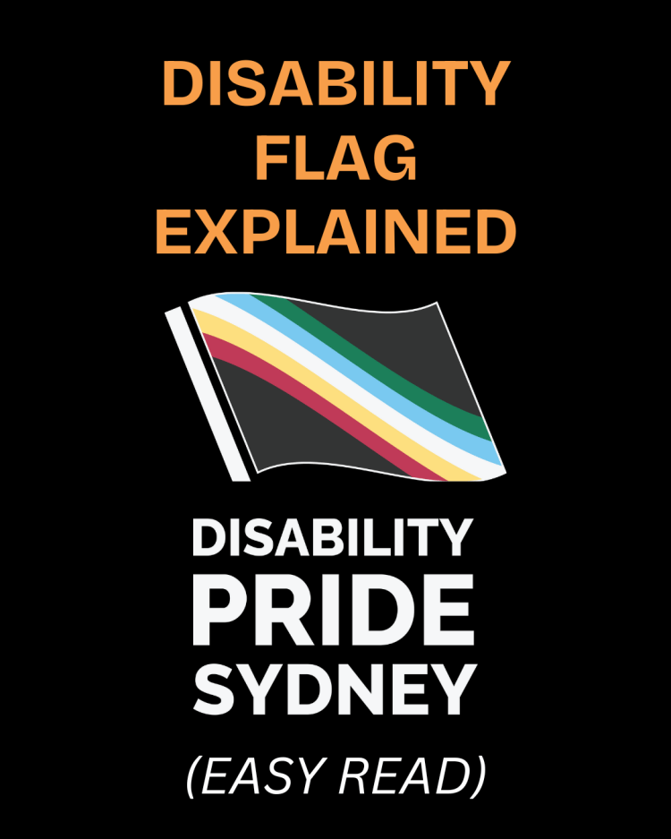 Black Background with Orange Disability Flag Explained text, White Disability Flag and "Disability Pride Sydney" and Easy Read in White Text. 